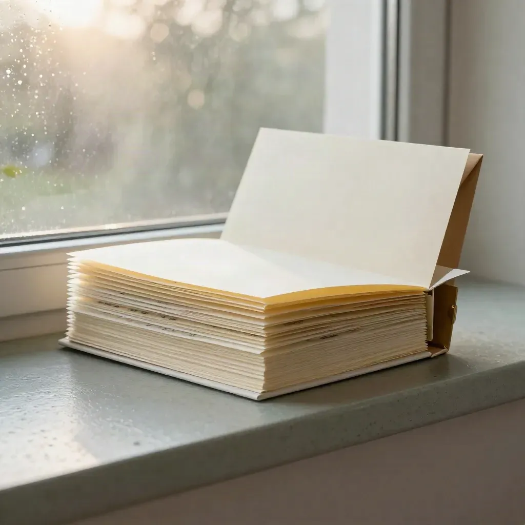 Starter kit folders, calculator cards and envelope on sage stone in soft dawn light