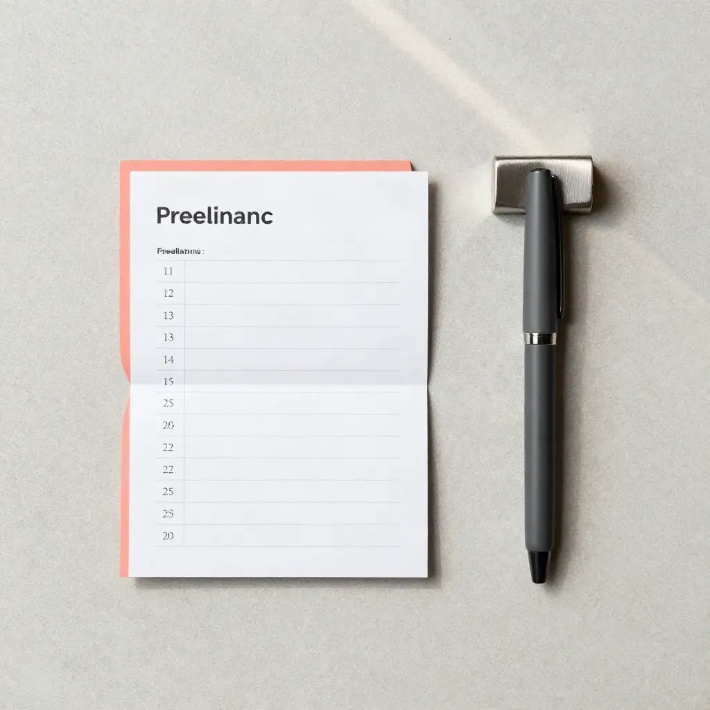 Overhead freelancer setup guide kit with checklist card, pen cap and paperweight on pale concrete