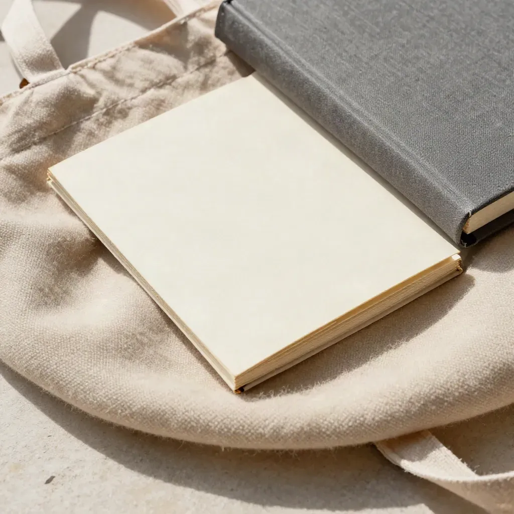 Cream startup booklet, graphite notebook and wool swatch nestled in a tote, seen in close macro.