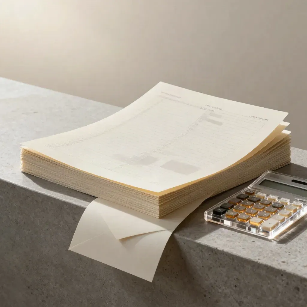 Pricing sheets beside a clear calculator and pale sleeve on a stone ledge in soft daylight.