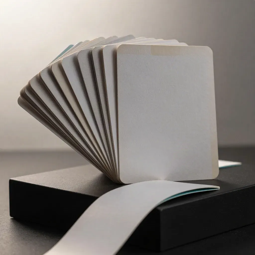 Macro of fanned marketing template cards, taped booklet, and swatch strip on matte-black surface.