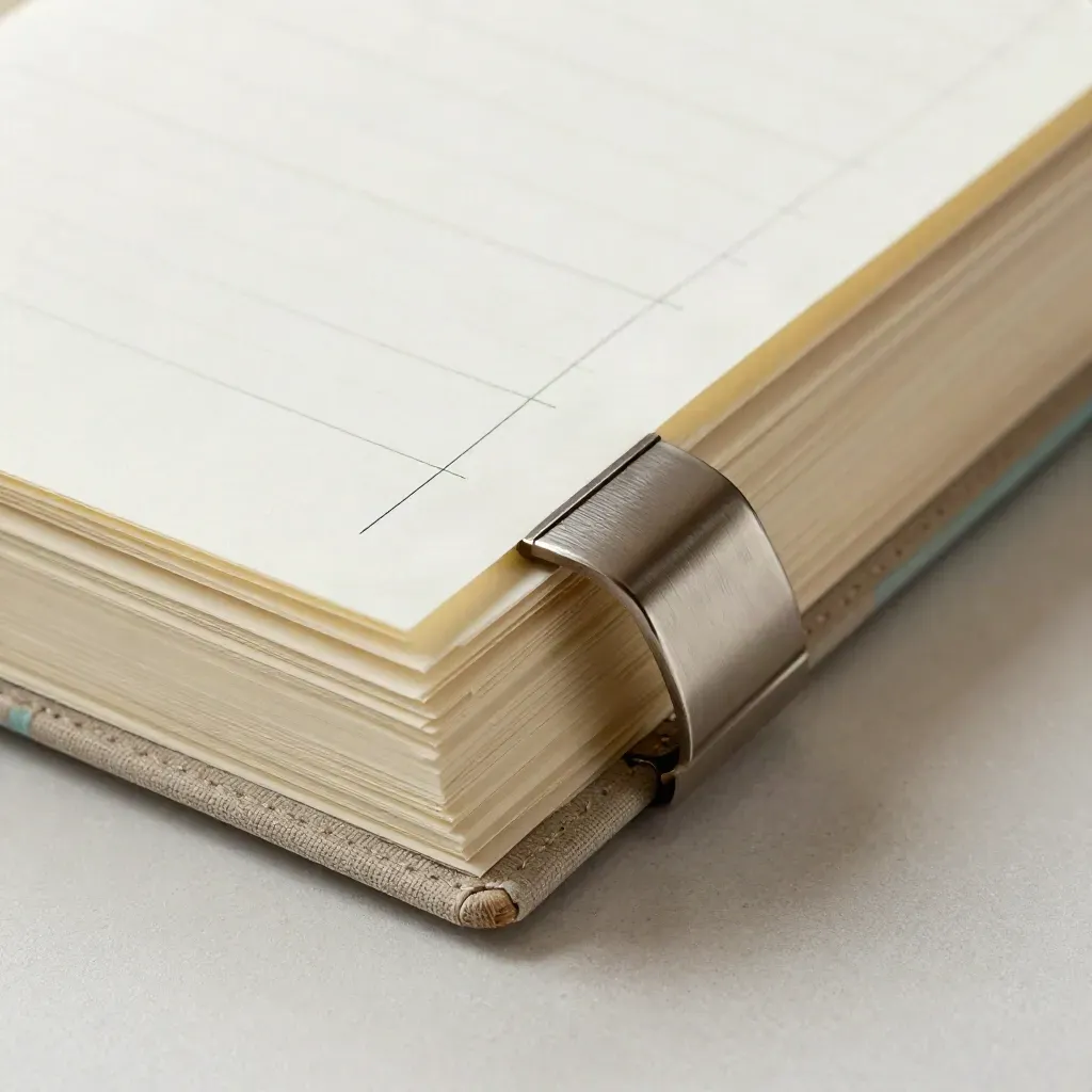 Macro of a growth planner binder with tabs and a metal clip on a pale bench.