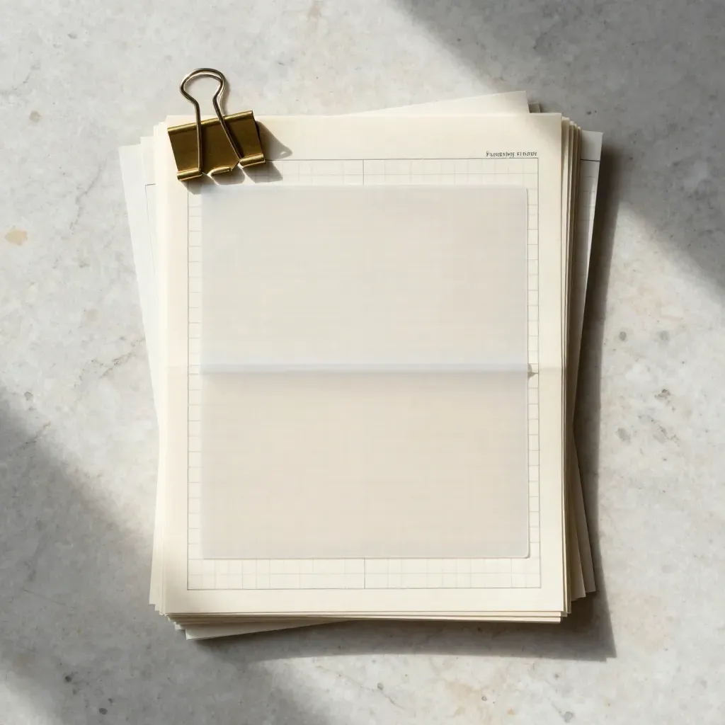 Top-down funding notes flatlay with tracing sheet and brass clip on pale travertine.