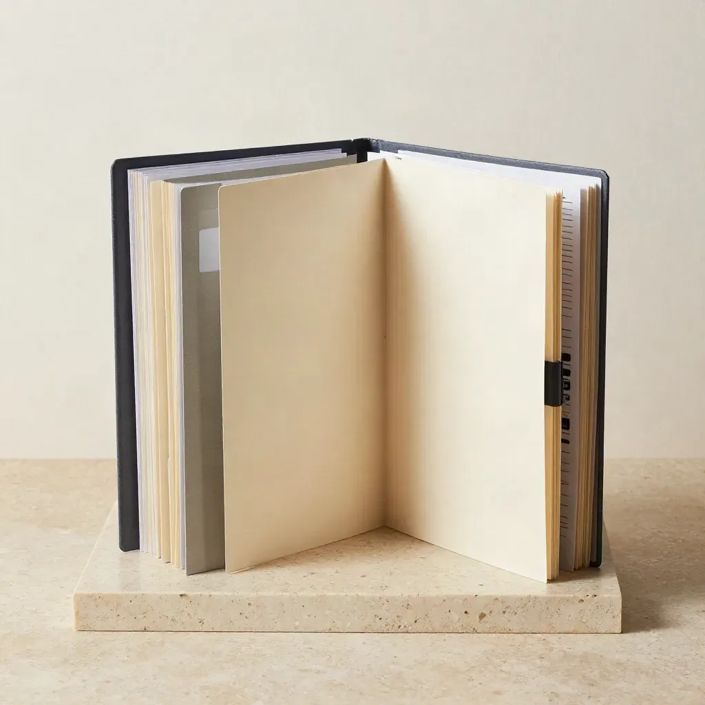 Compact invoice and tax kit with folders, receipt pockets and a calculator on travertine.