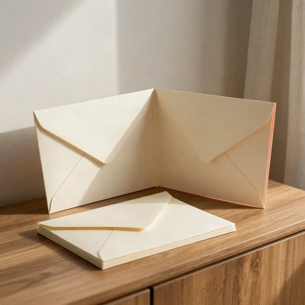 Open onboarding kit with folded welcome cards on a warm oak sideboard, softly lit from one side.