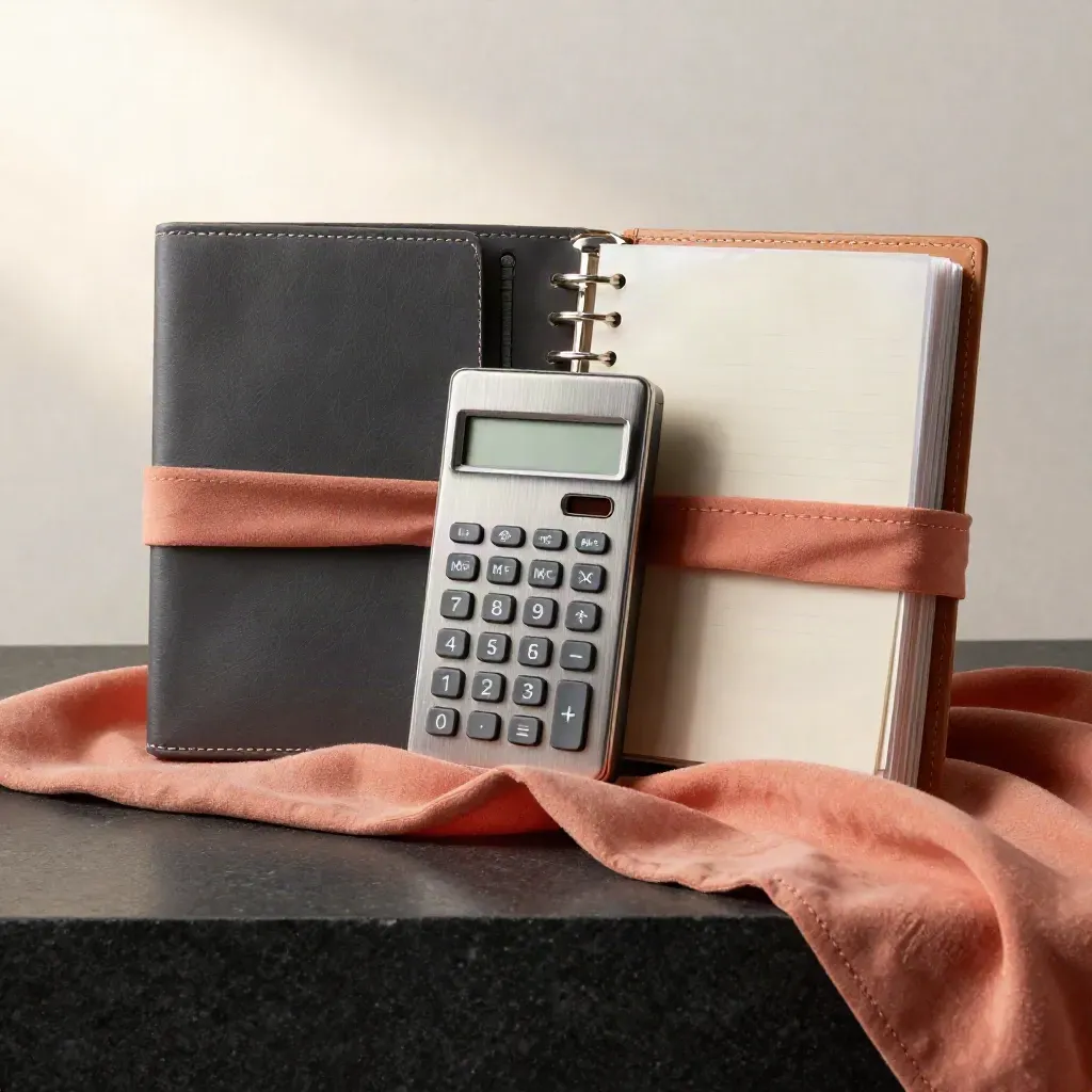 Coral-wrapped planning bundle with binder, calculator tile and cards on a dark plinth