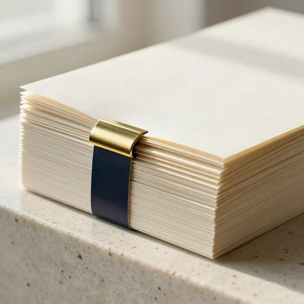 Macro of a fanned pitch deck card stack with navy divider, brass clip, and travertine surface.