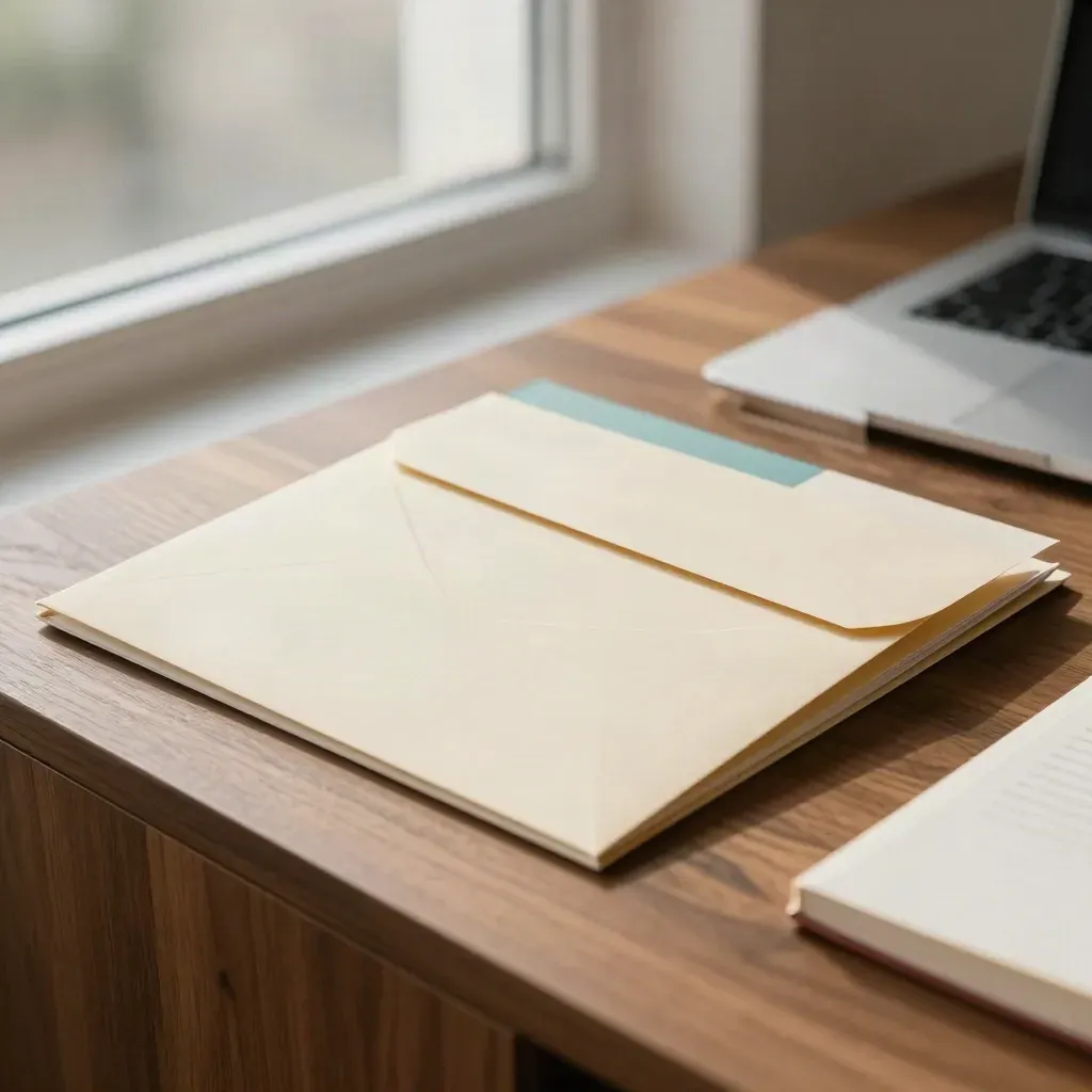 Client welcome pack folder, envelopes and notebook on warm wood with soft window light