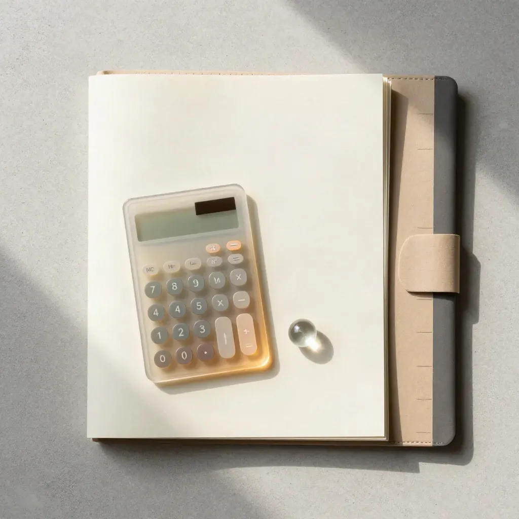 Flatlay of cash flow sheets, translucent calculator cards, glass bead, and ledger sleeve