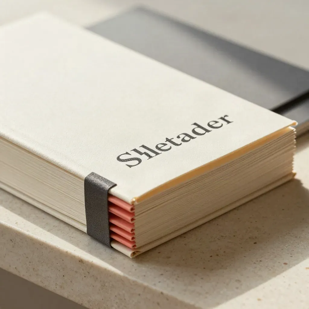 Macro of a checklist booklet with coral tabs clipped under a graphite band on a stone ledge.