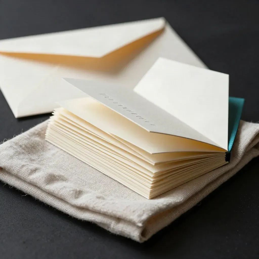 Matte service menu cards, cream envelope, and folded cloth in a dramatic fan on black.