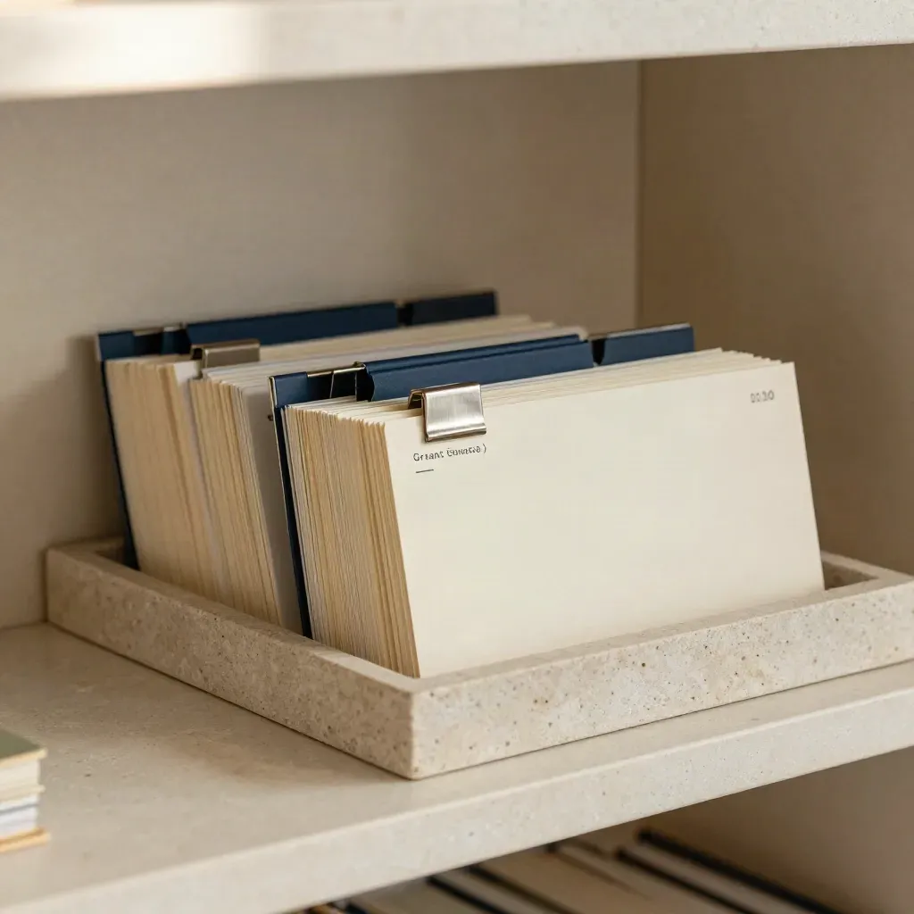Grant notes pack with navy tabs and cards sliding out on a limestone shelf.