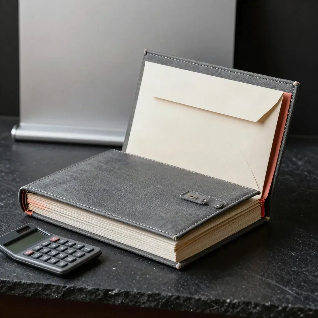 Nested ledger folders, a receipt sleeve and calculator tile on dark stone with coral accent