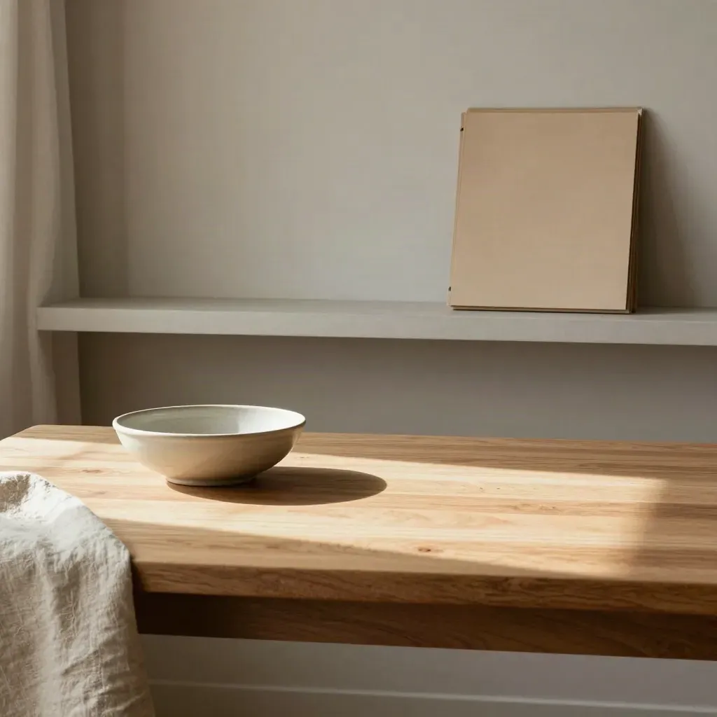 Sunlit oak table with ceramic bowl, linen drape and neutral folders in a calm studio nook.
