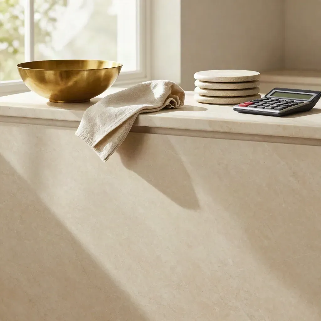 Marble counter with brass bowl, linen cloth and stacked discs in soft window light.